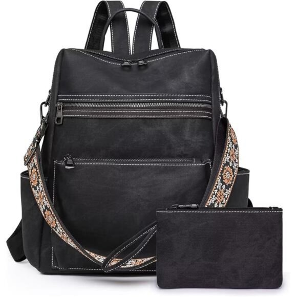 Vegan Leather Backpack, Shoulder Bag Black